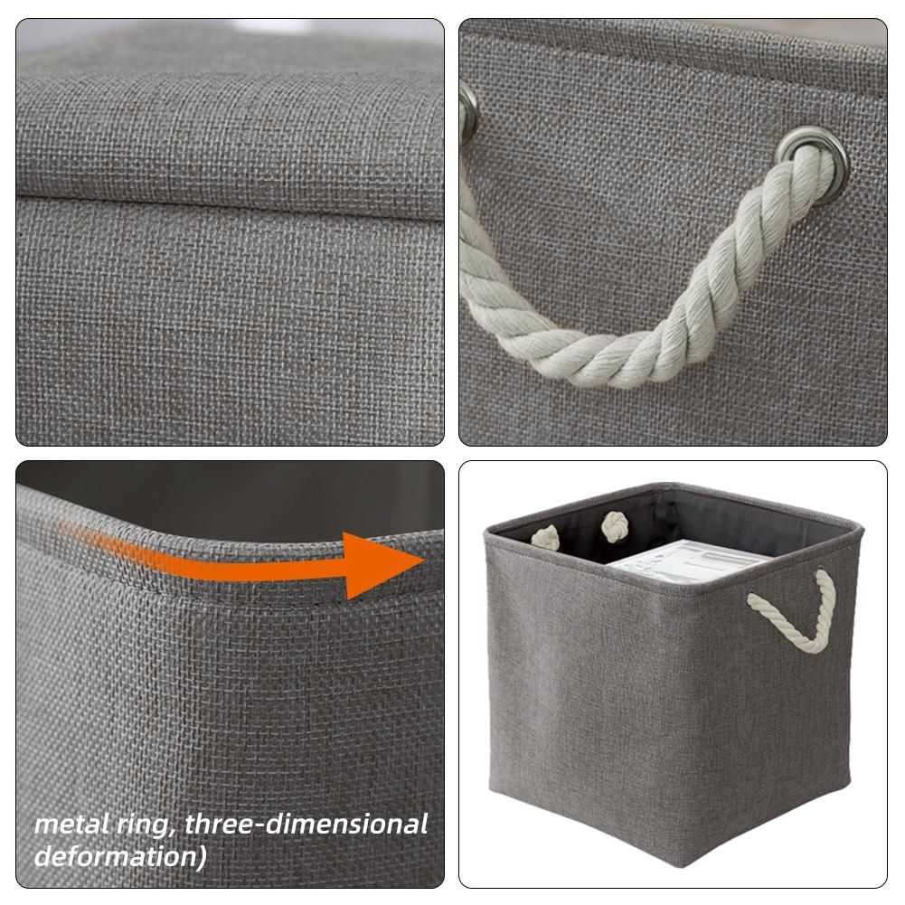 Large Foldable Fabric Linen Storage Bins Set of 3 Collapsible Sturdy Rectangular Baskets with Hemp Rope Handles for Shelves, Closet ( Grey Color)