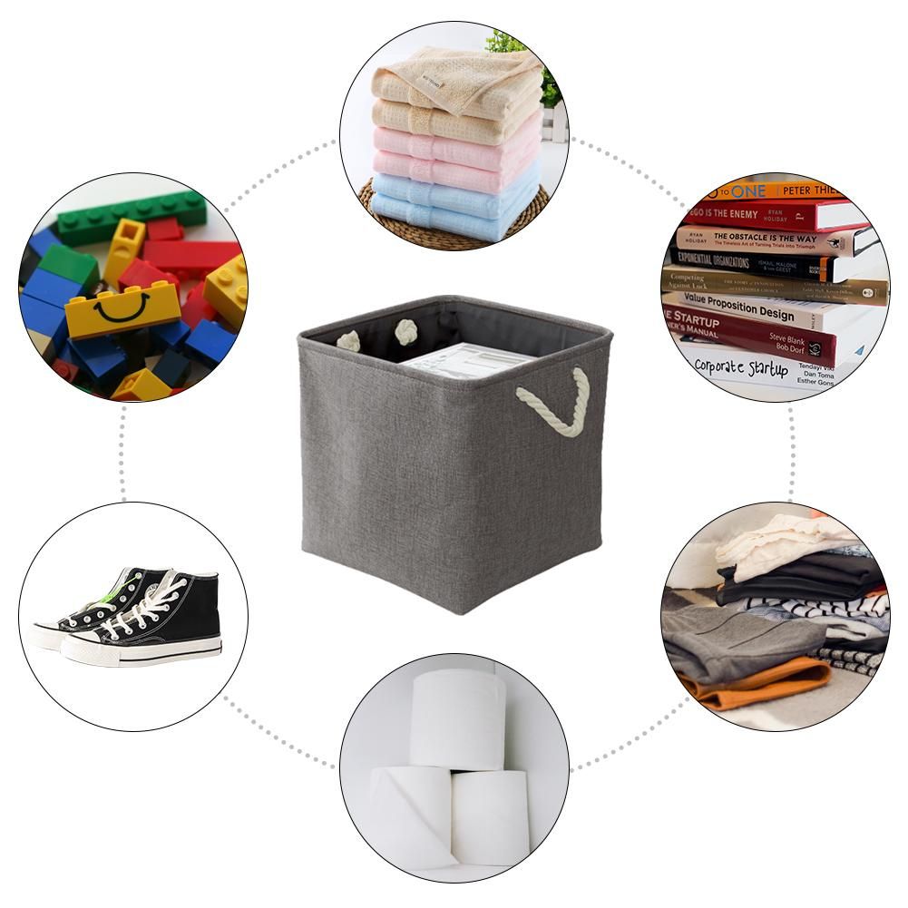 Large Foldable Fabric Linen Storage Bins Set of 3 Collapsible Sturdy Rectangular Baskets with Hemp Rope Handles for Shelves, Closet ( Grey Color)