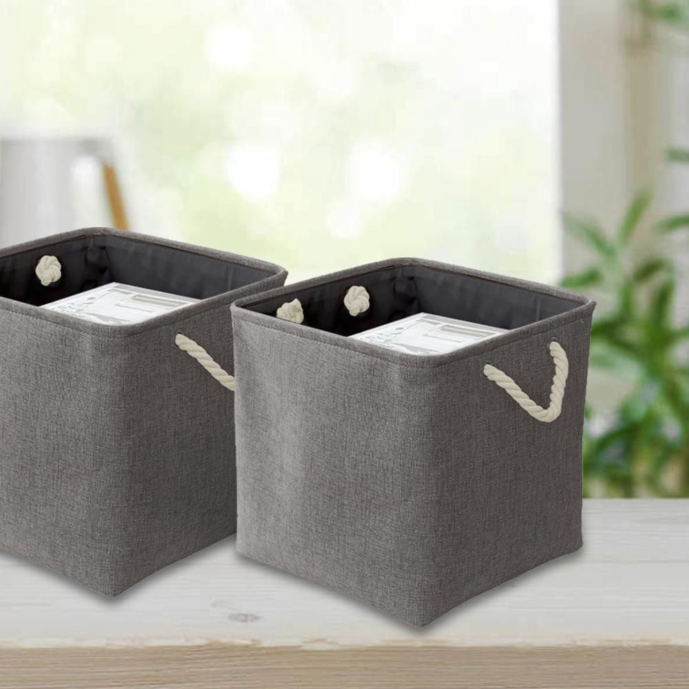 Large Foldable Fabric Linen Storage Bins Set of 3 Collapsible Sturdy Rectangular Baskets with Hemp Rope Handles for Shelves, Closet ( Grey Color)