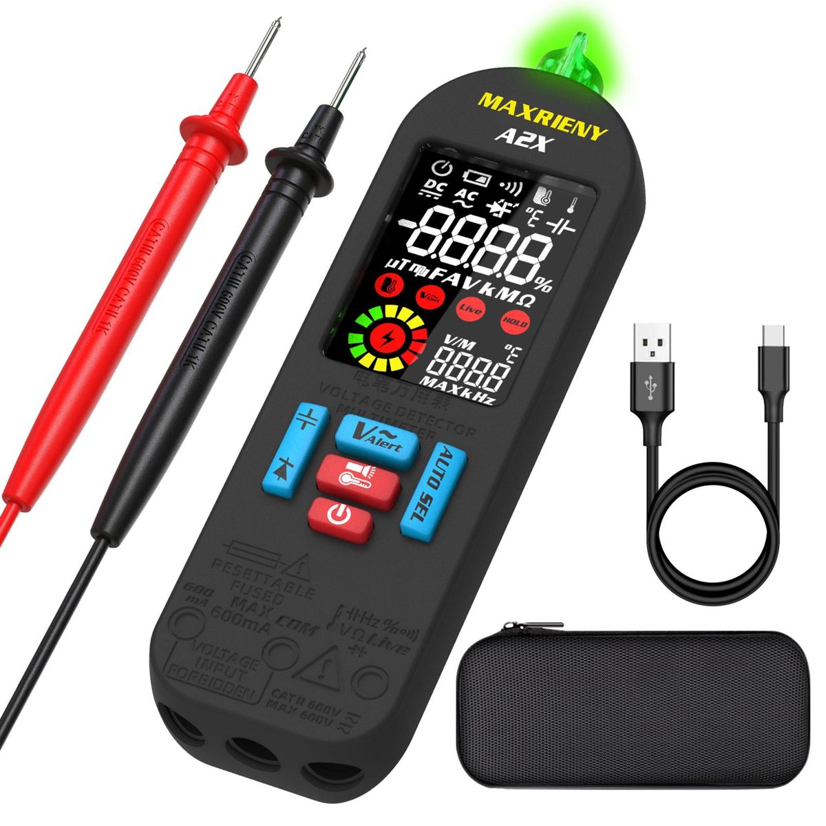MAXRIENY Automatic Anti-Burn Intelligent Digital Multimeter Non Contact Voltage Detector Smart Voltmeter Resistance Frequency Continuity V-Alert Live Wire Voltage Tester with Carrying Case