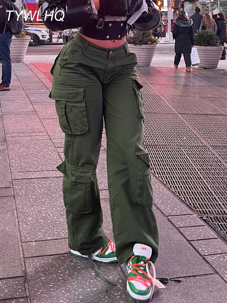 (Black)Army Green Cargo Pants Baggy Jeans Women Fashion Streetwear Pockets Straight High Waist Casual Vintage Denim Trousers Overalls DOU