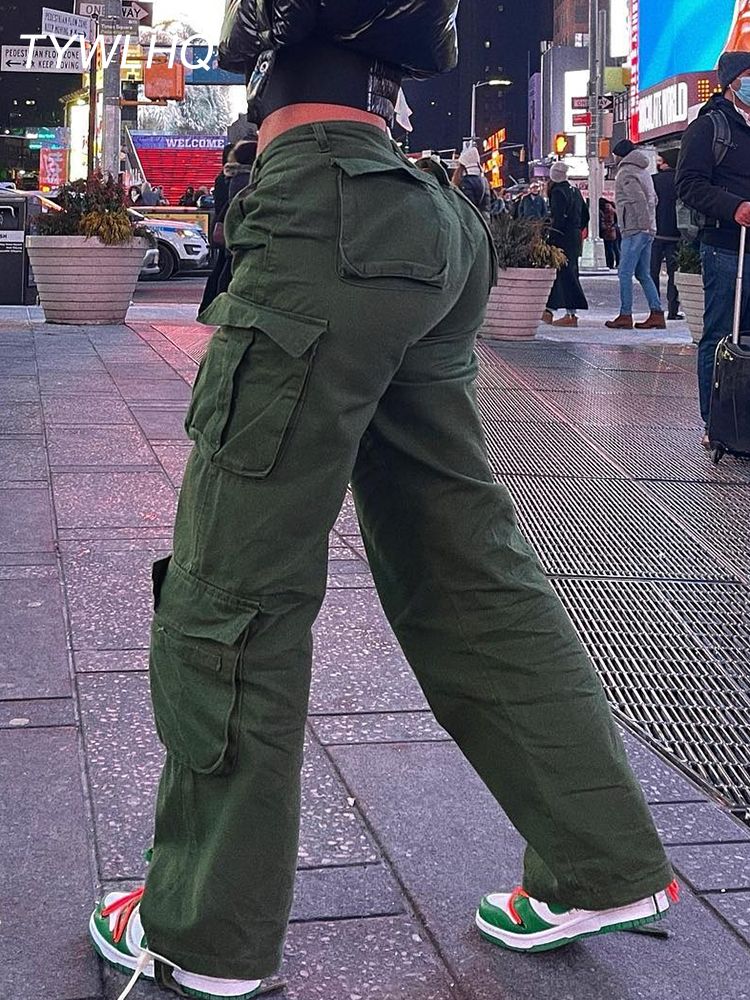 (Black)Army Green Cargo Pants Baggy Jeans Women Fashion Streetwear Pockets Straight High Waist Casual Vintage Denim Trousers Overalls DOU