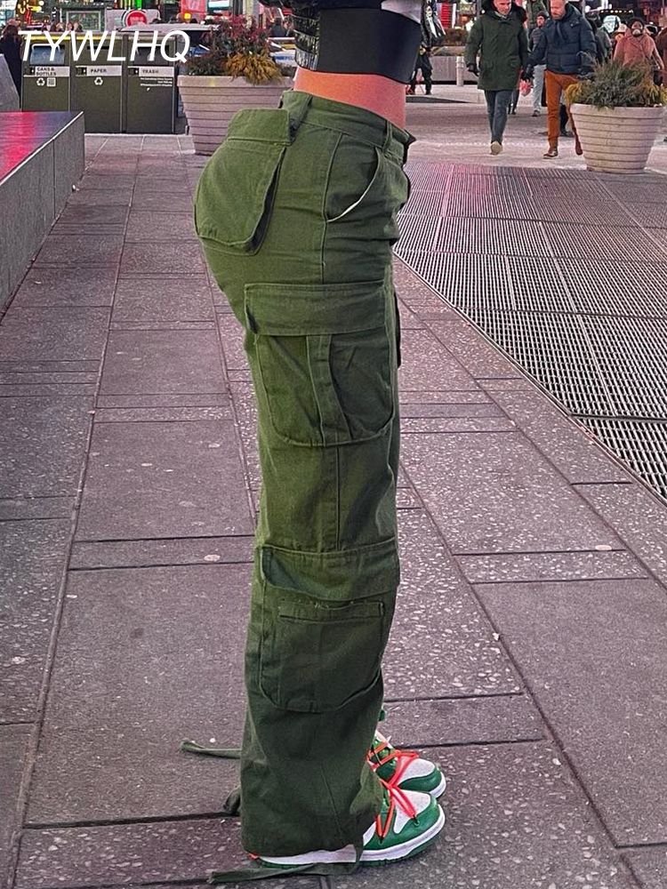 (Black)Army Green Cargo Pants Baggy Jeans Women Fashion Streetwear Pockets Straight High Waist Casual Vintage Denim Trousers Overalls DOU
