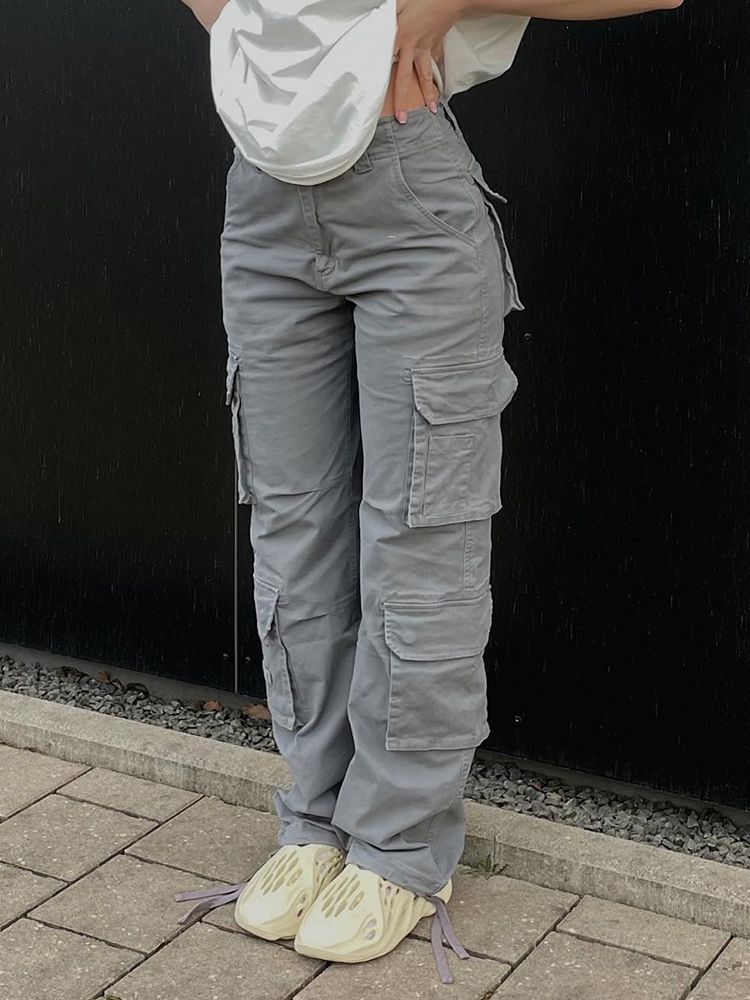 (Black)Army Green Cargo Pants Baggy Jeans Women Fashion Streetwear Pockets Straight High Waist Casual Vintage Denim Trousers Overalls DOU