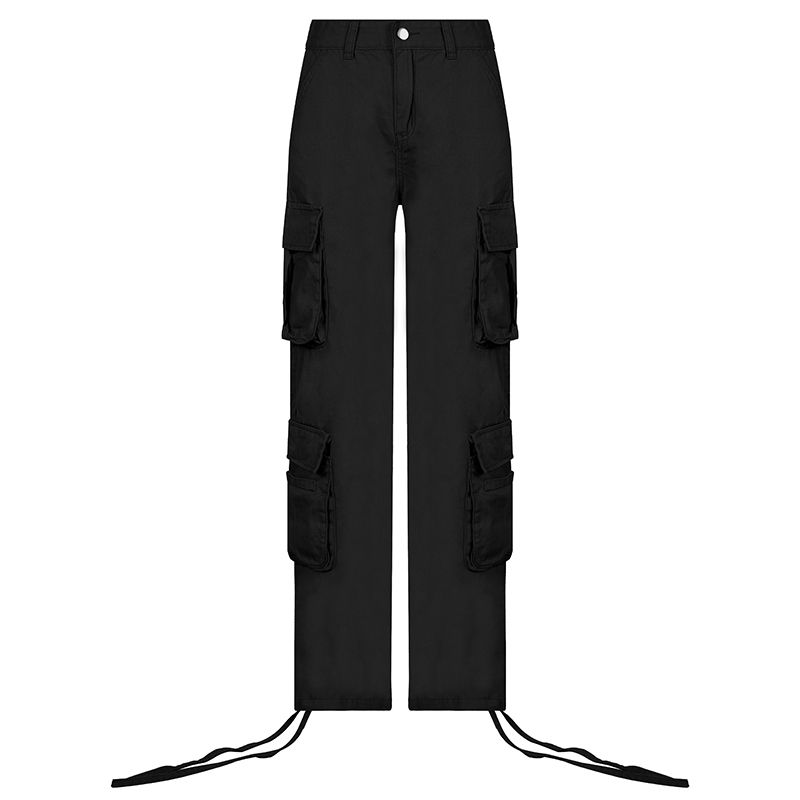 (Black)Army Green Cargo Pants Baggy Jeans Women Fashion Streetwear Pockets Straight High Waist Casual Vintage Denim Trousers Overalls DOU