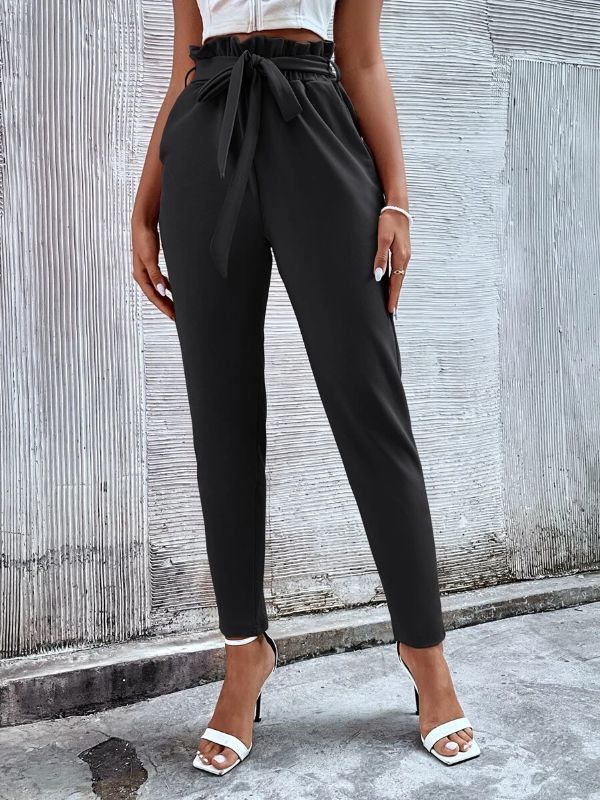 Women Corporate Office Wear Straight High Waist Belted Pant Trousers - Black