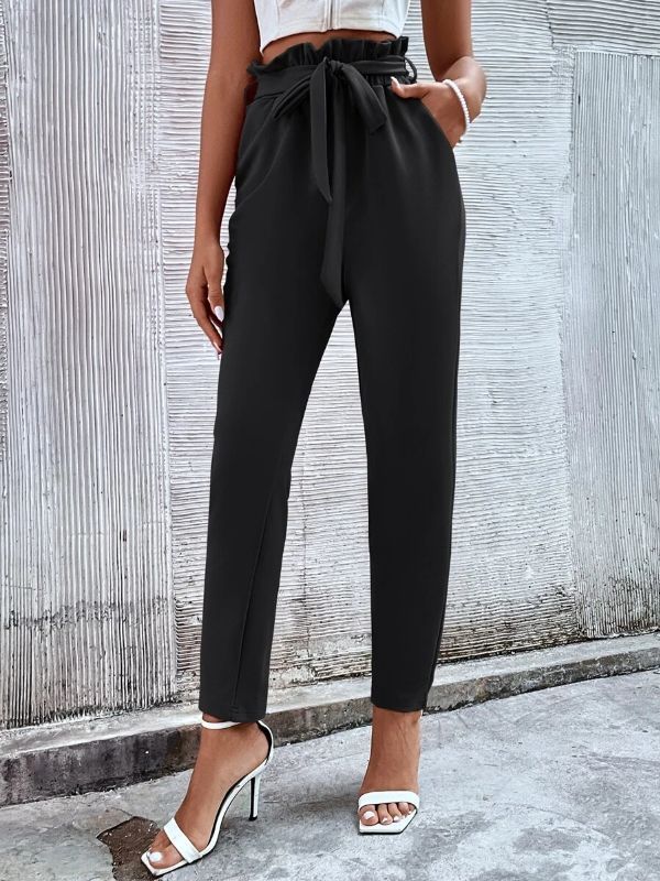 Women Corporate Office Wear Straight High Waist Belted Pant Trousers - Black