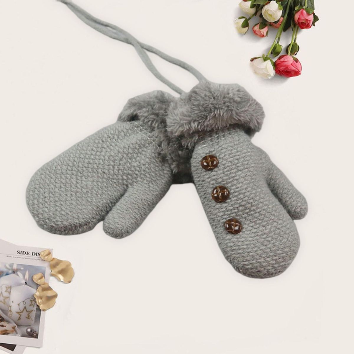 1 Pair Winter Children Toddler Pure Color Knitted Mittens Light Grey