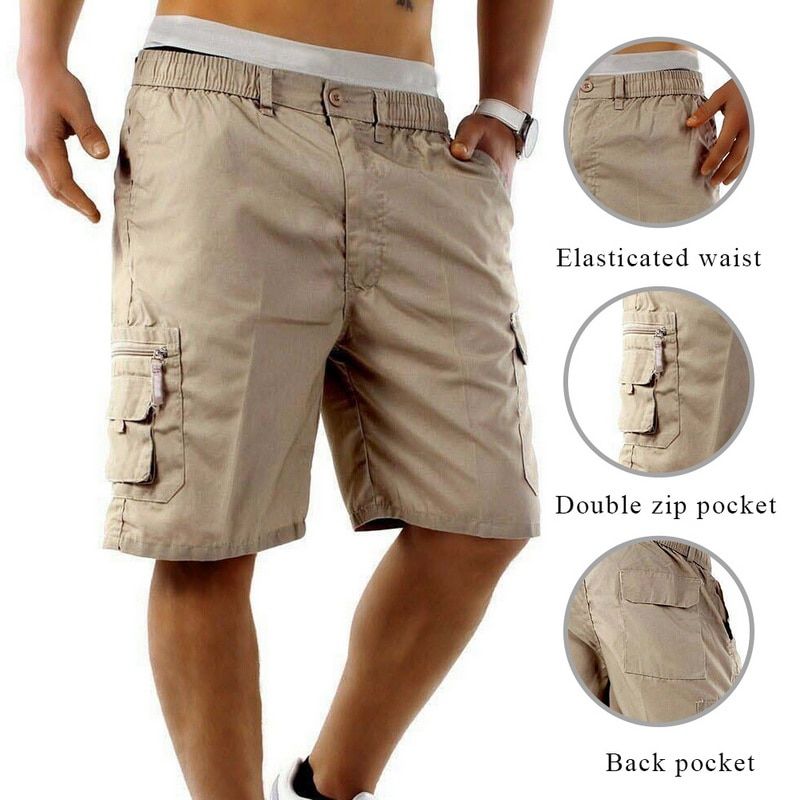 Multi Pocket Cargo Shorts Men Summer Loose Zipper Breeches Shorts Khaki Grey Plus Size  Short Pant