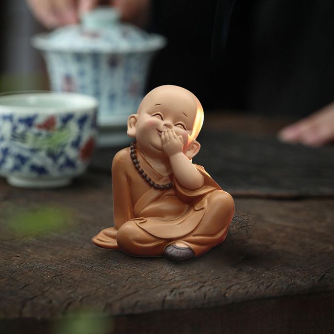 Small Buddha Statue Monk Figurine Baby Crafts Dolls Cover Mouth Laugh