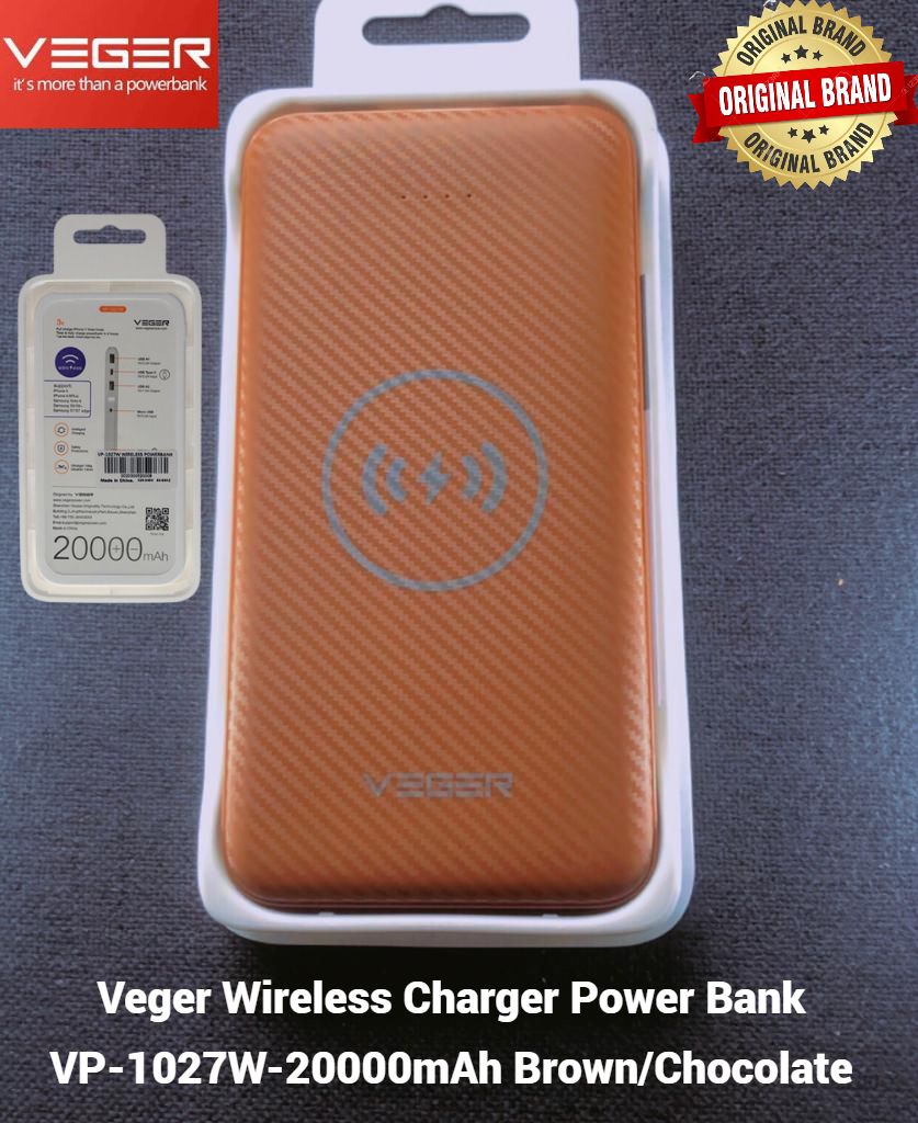 Wireless Power Bank Phone Charger 20000mAh Original Veger VP-1027W (Brown Color) ✅