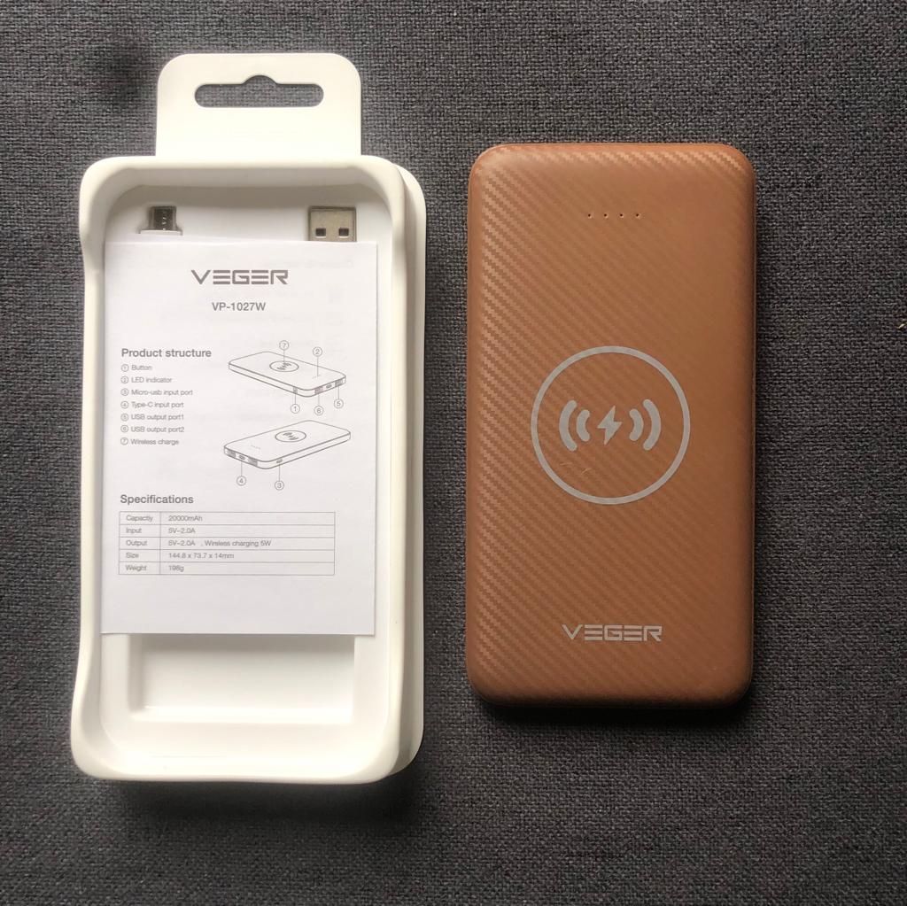 Wireless Power Bank Phone Charger 20000mAh Original Veger VP-1027W (Brown Color) ✅