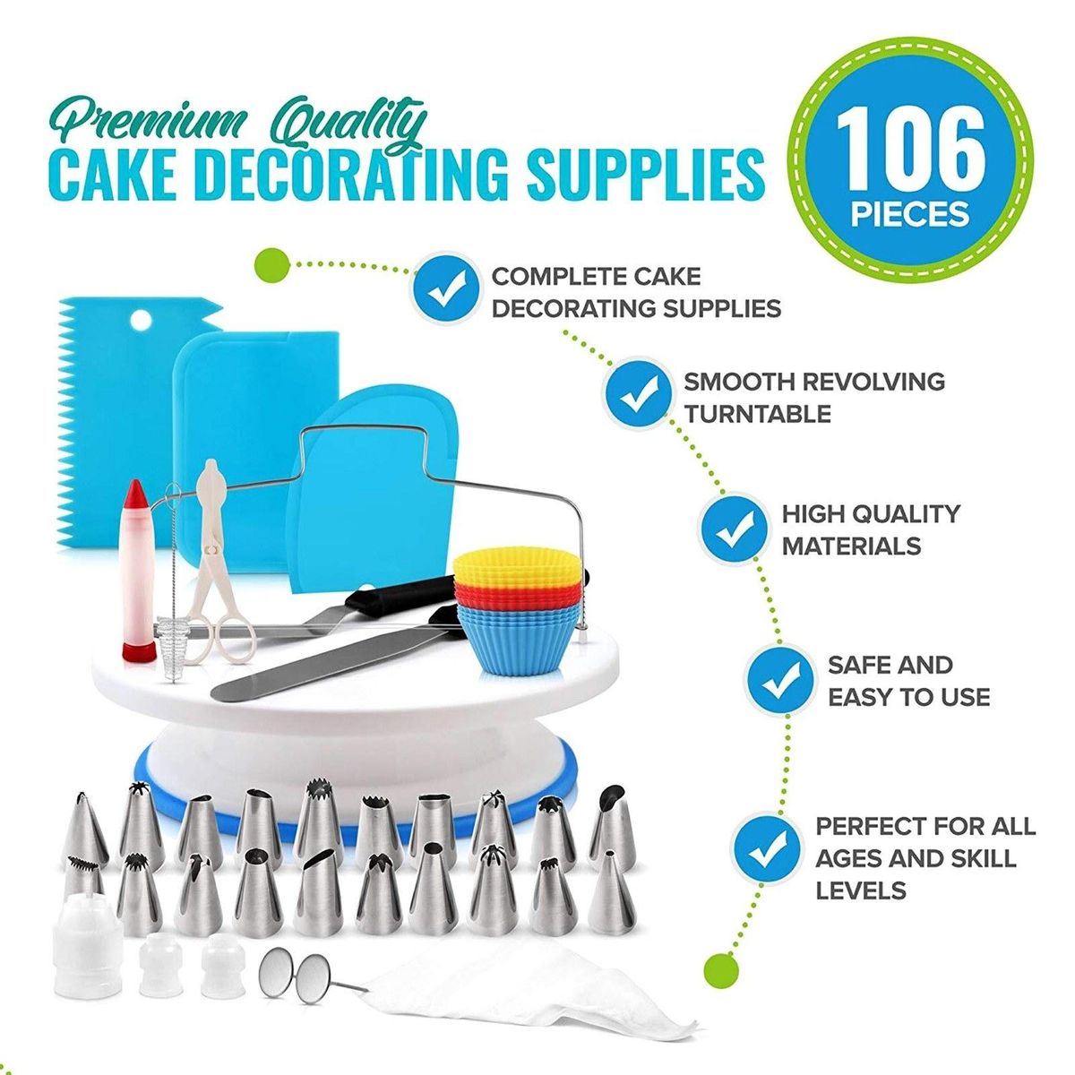 106Pcs Cake Decorating Supplies Kit Baking Fondant Tool Set Turntable Piping Bag Tip Pen Spatula DIY Cake Cupcake Decorating Icing Tool Set