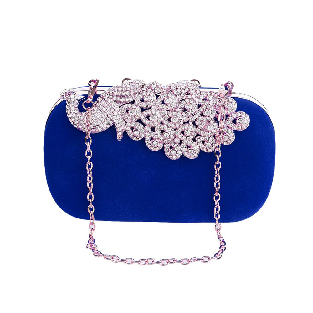Women Evening Clutch Bag Rhinestone Peacock Wedding Bridal Purse-Blue