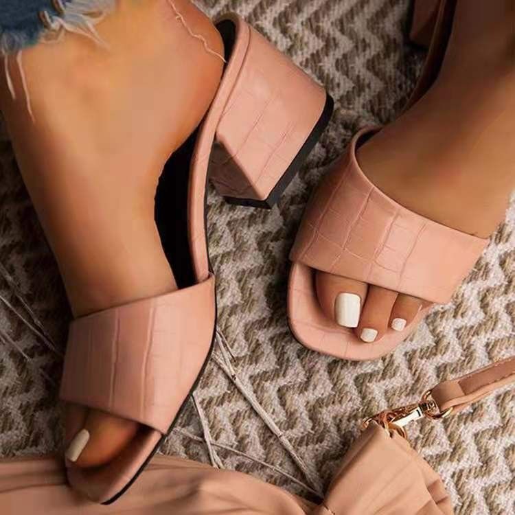 Women's Mid Heel Slippers Mules -  Nude