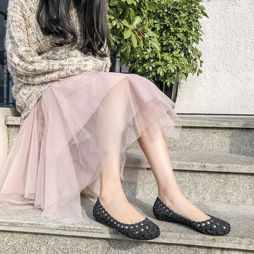 Rain Boots Women Shallow Low Top Flat Bottom Hollow Sandals Shoes Black