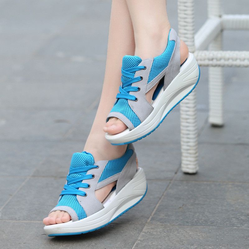 Ladies Fashion Sandals Platform Wedges Casual Slippers-Blue