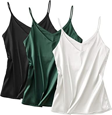 3 Pack Of Women's Silk Satin Tank Cami Plain Sleeveless Strappy Camisole Vest Casual Tops