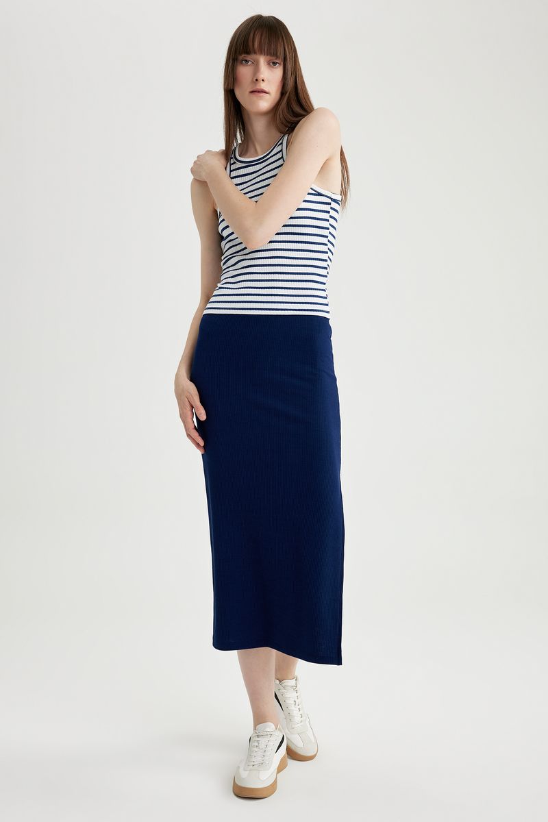 Woman Casual Straight Knitted Skirt - Navy
