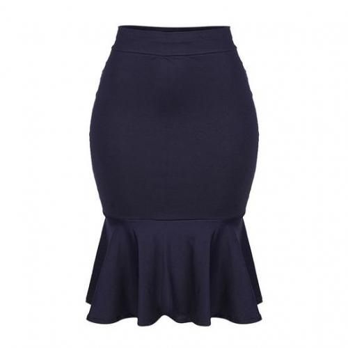 Midi Peplum Bodycon Skirt For Ladies - Navy Blue