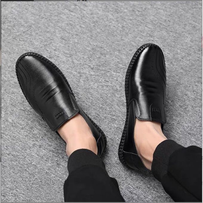 Casual Men's Loafers Slip On Men's Leather Shoes-Black