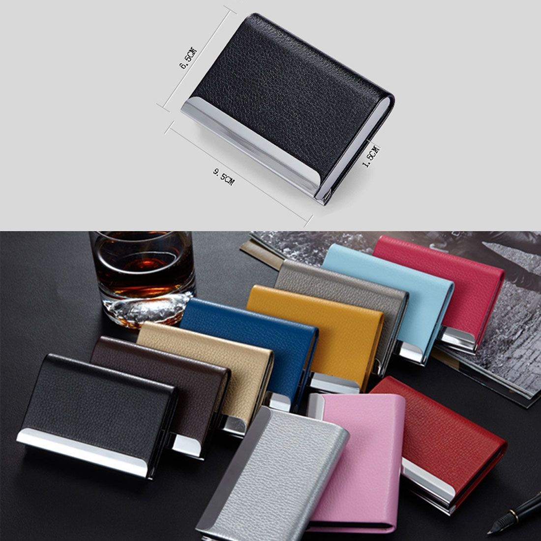 2 PCS Lichi Texture Business Card Holder Credit Card ID Case Holder(Blue)