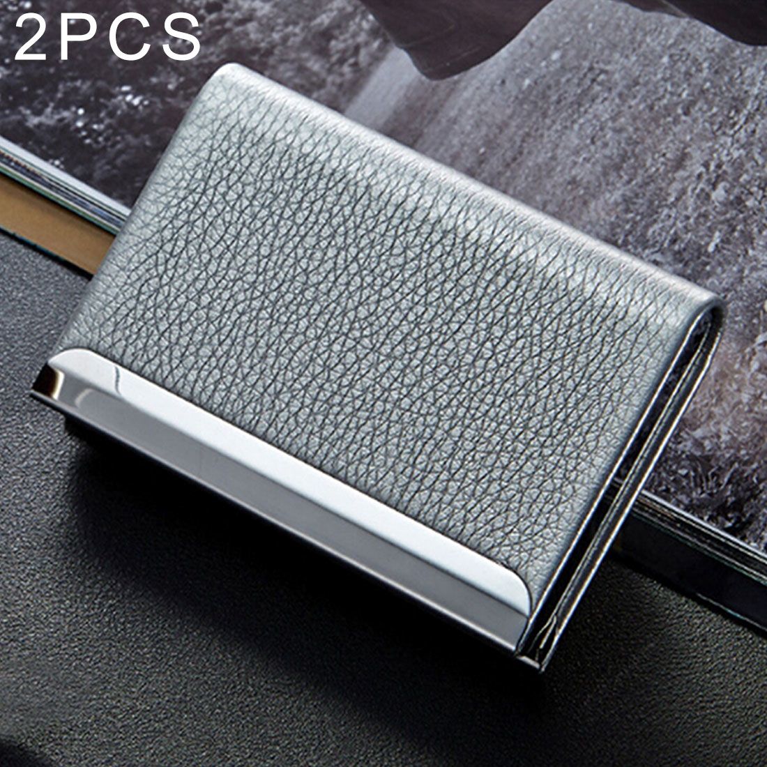 2 PCS Lichi Texture Business Card Holder Credit Card ID Case Holder(Silver)