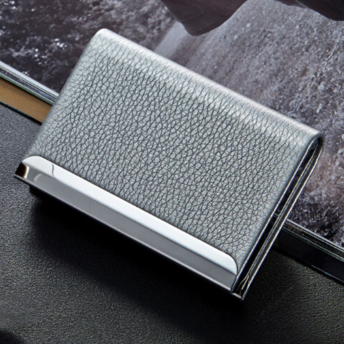 2 PCS Lichi Texture Business Card Holder Credit Card ID Case Holder(Silver)