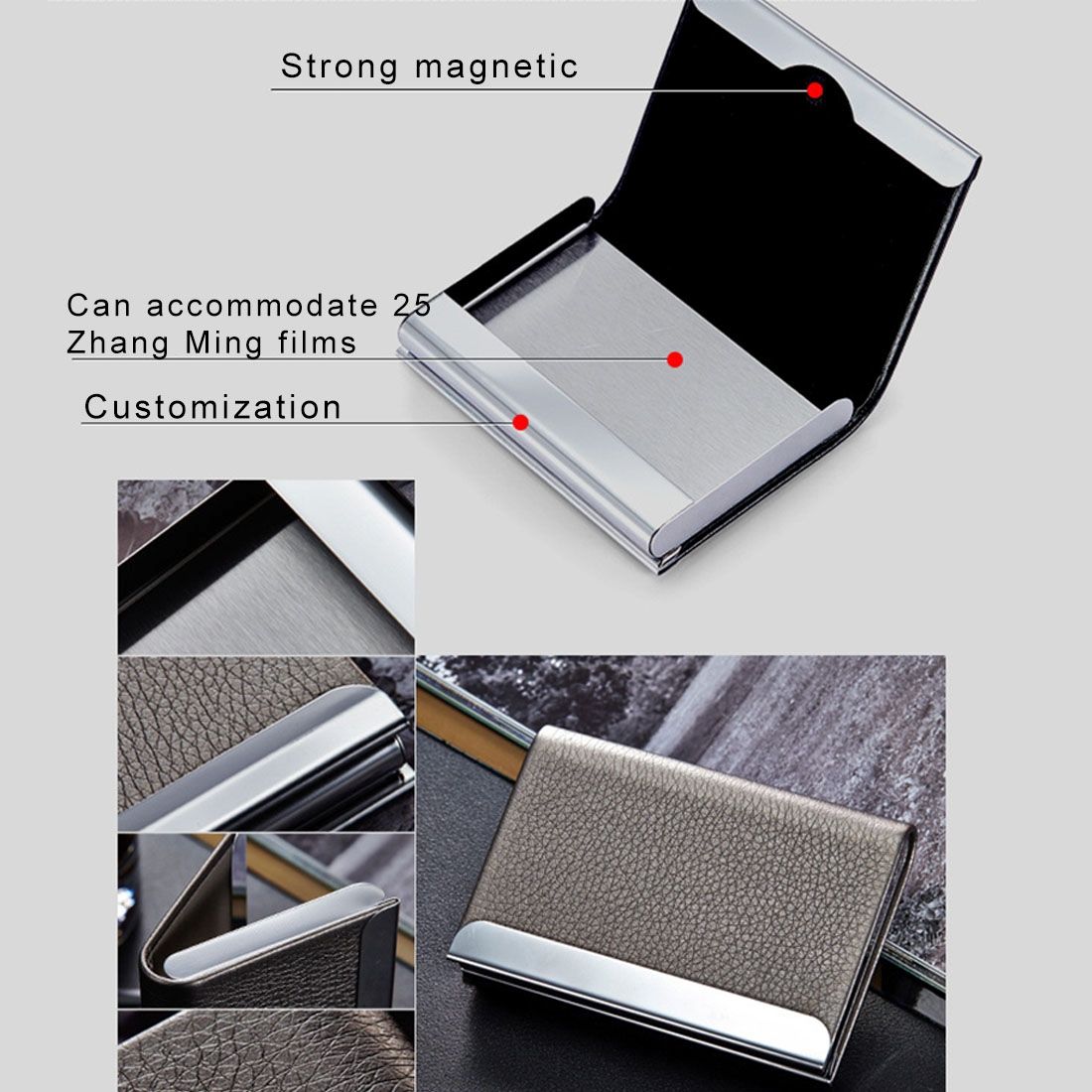 2 PCS Lichi Texture Business Card Holder Credit Card ID Case Holder(Silver)