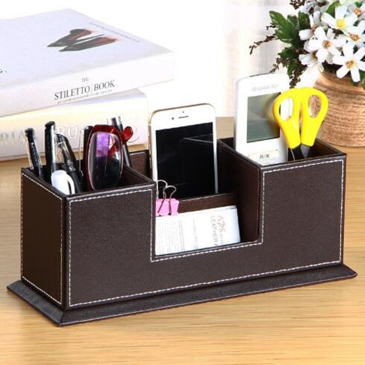 Creative Pen Support Fashion Leather Multifunctional Desktop Office Storage Pen Case Socket Double Pen Holder(Brown)