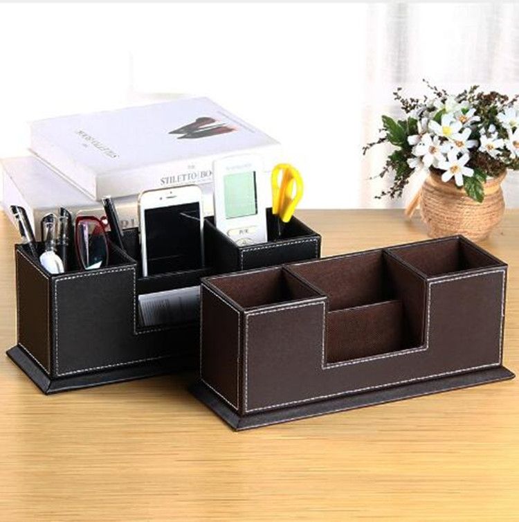 Creative Pen Support Fashion Leather Multifunctional Desktop Office Storage Pen Case Socket Double Pen Holder(Brown)