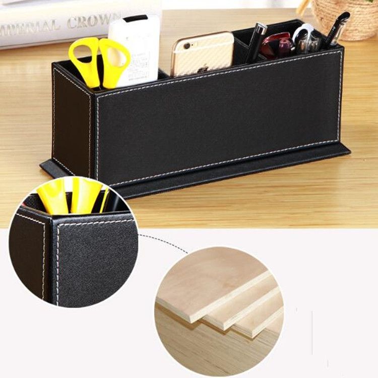Creative Pen Support Fashion Leather Multifunctional Desktop Office Storage Pen Case Socket Double Pen Holder(Brown)