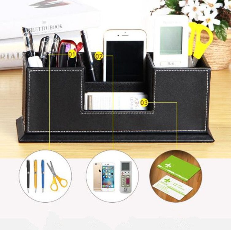 Creative Pen Support Fashion Leather Multifunctional Desktop Office Storage Pen Case Socket Double Pen Holder(Brown)