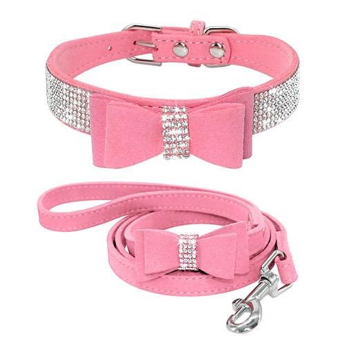Bowknot Suede Leather Rhinestone Dog Collar And Leash Set Pet Puppy Cat Chihuahua Collars For Small Medium Dogs Cats