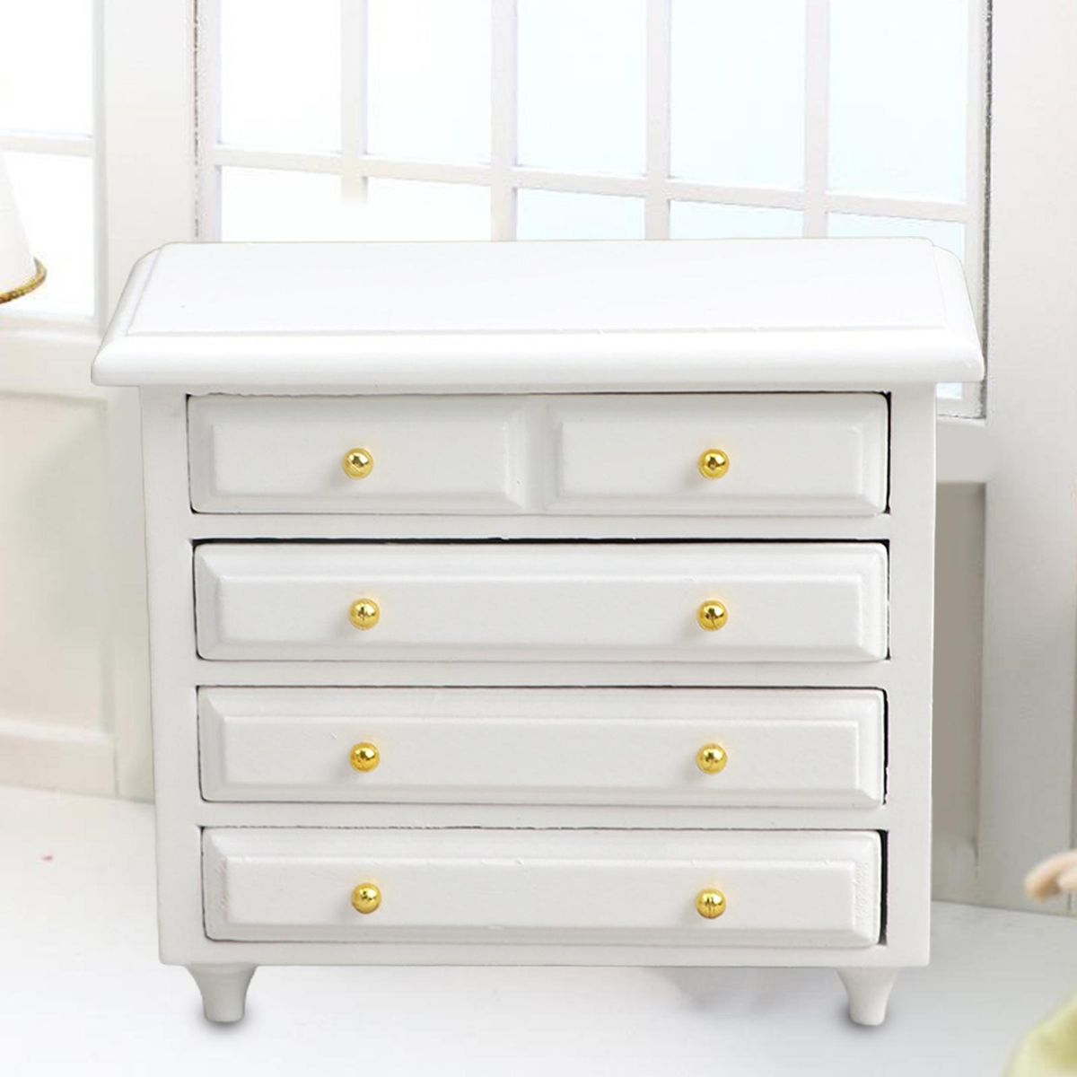 Dollhouse Cabinet Mini Bedroom Wooden Bed Side Cabinet Play House Toy White