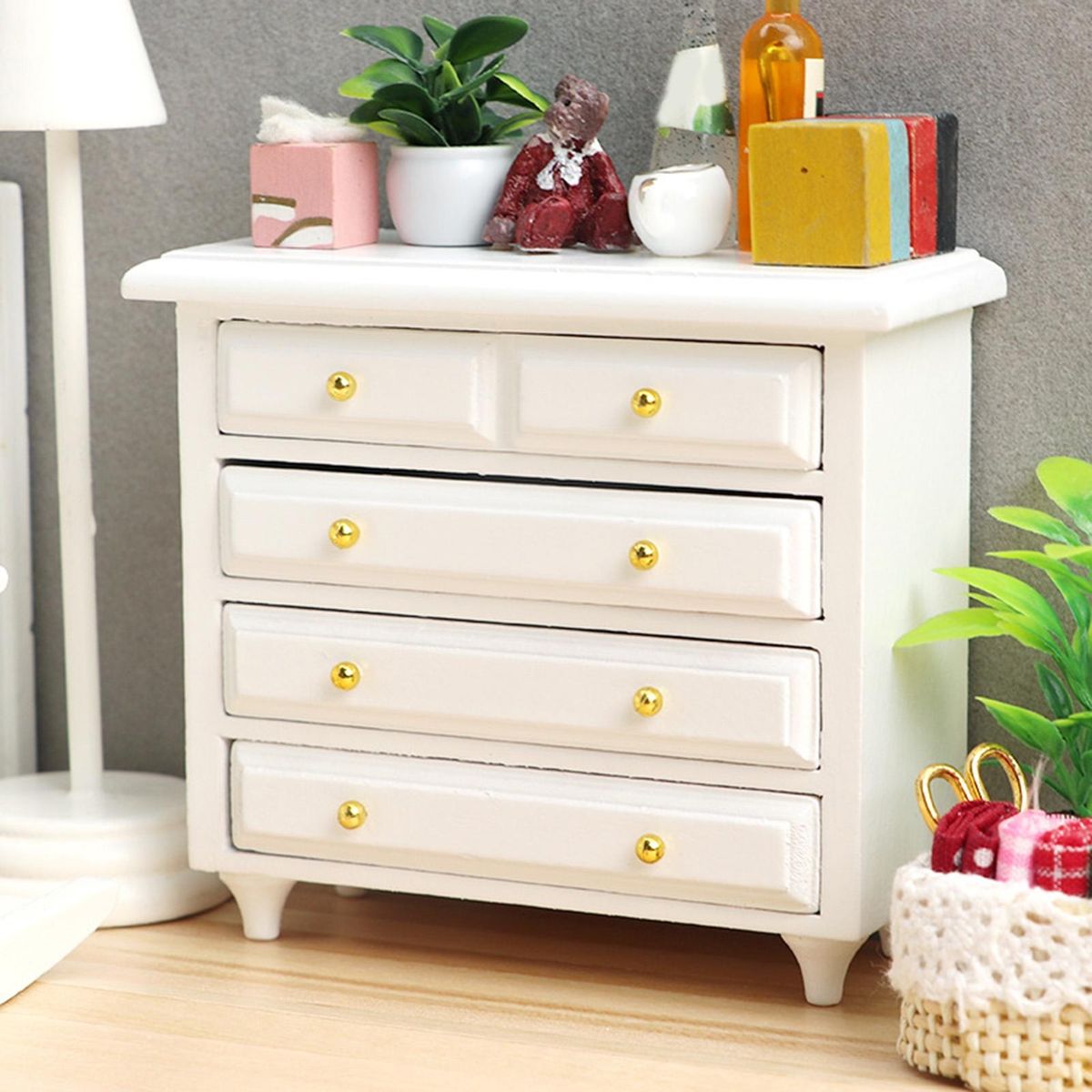 Dollhouse Cabinet Mini Bedroom Wooden Bed Side Cabinet Play House Toy White