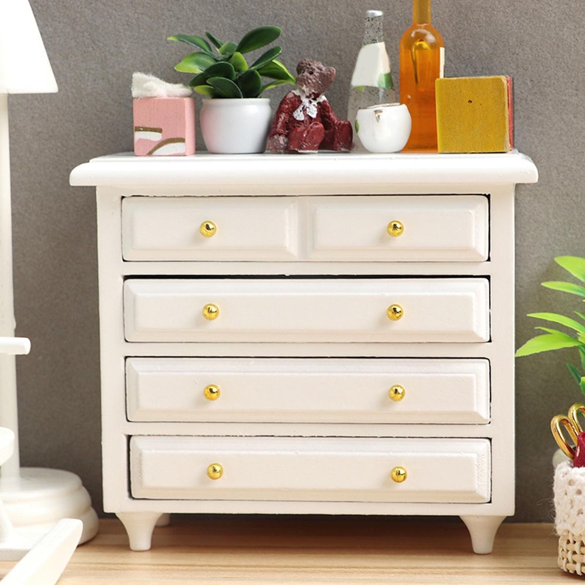 Dollhouse Cabinet Mini Bedroom Wooden Bed Side Cabinet Play House Toy White