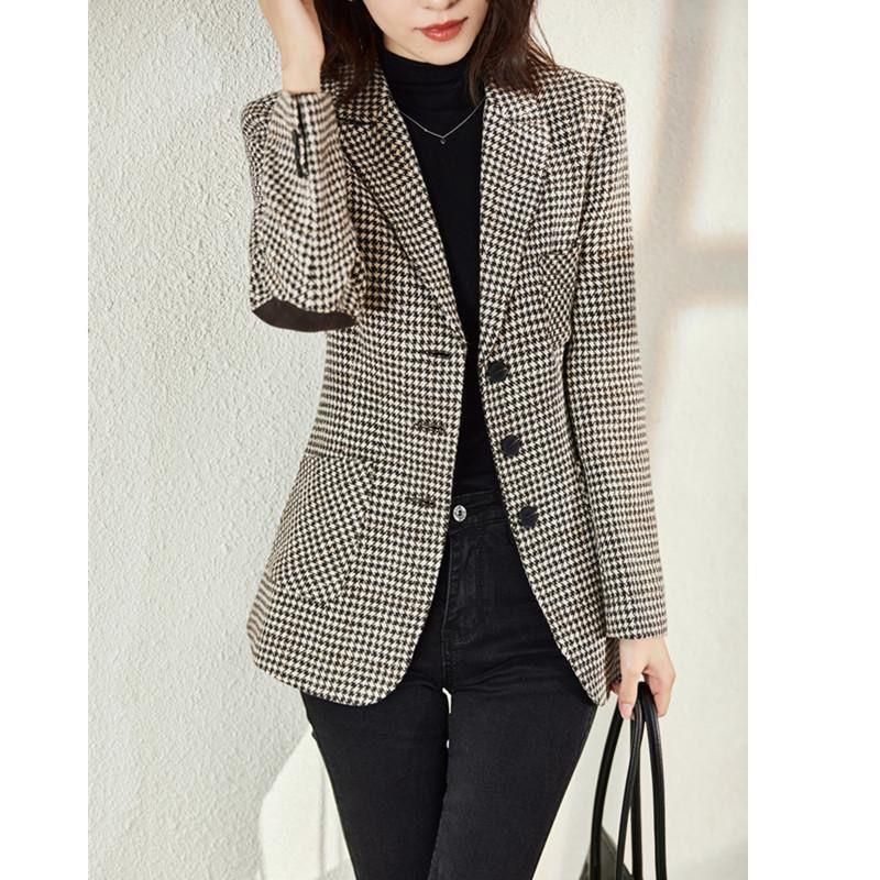 2023 Spring Small Suit Jacket Women's Mid-Length Slim-Fit Slimming Temperament Plaid Suit All-Matching Top