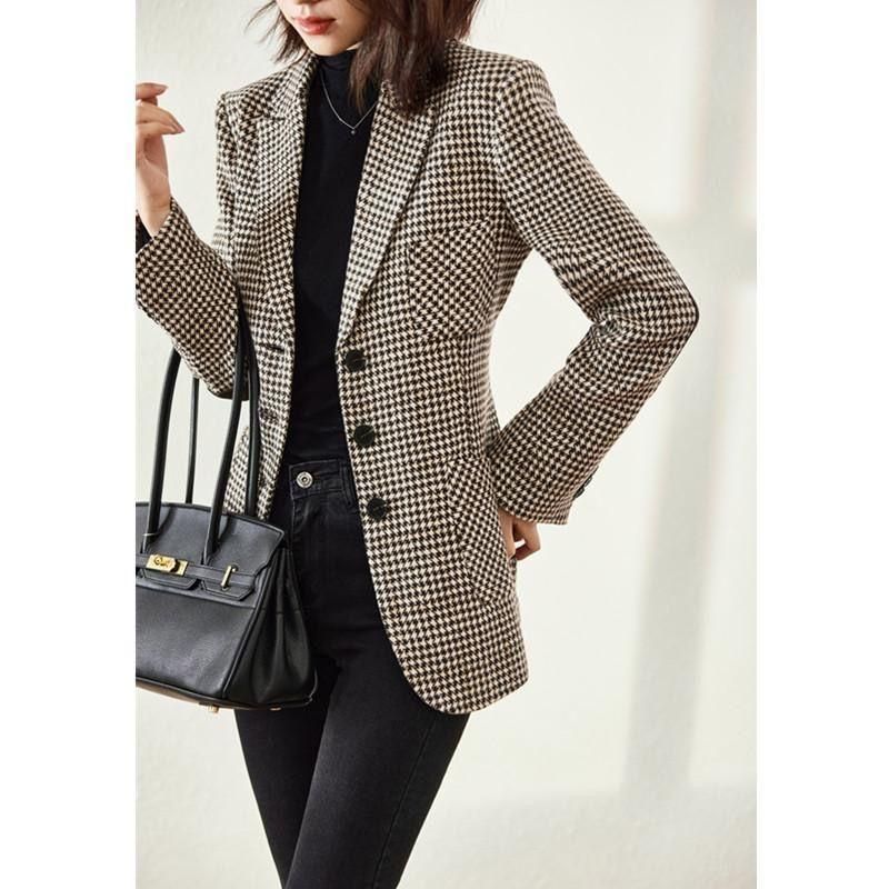 2023 Spring Small Suit Jacket Women's Mid-Length Slim-Fit Slimming Temperament Plaid Suit All-Matching Top