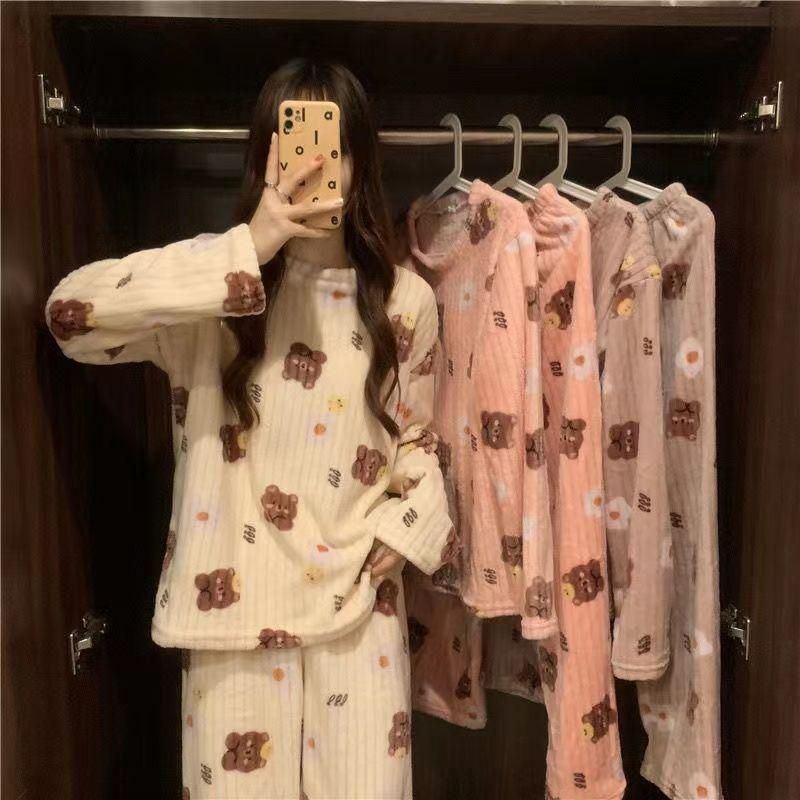 New Bear Suit 2022 Autumn and Winter Pajamas round Neck Loose Thin Long Sleeve Home Wear Coral Fleece Ladies Two-Piece Set