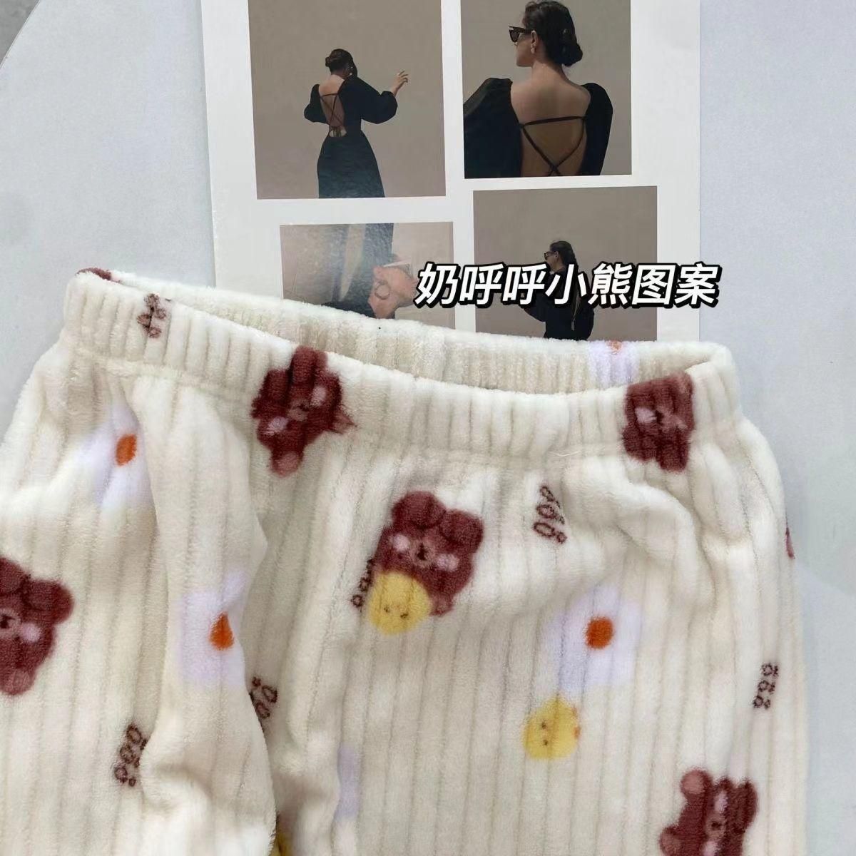 New Bear Suit 2022 Autumn and Winter Pajamas round Neck Loose Thin Long Sleeve Home Wear Coral Fleece Ladies Two-Piece Set