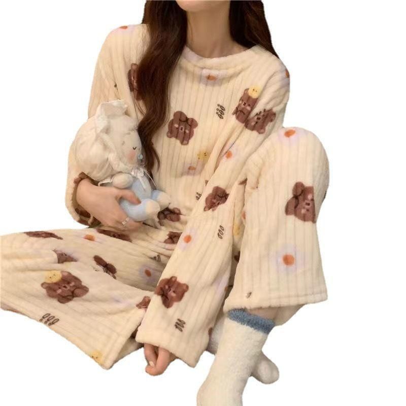 New Bear Suit 2022 Autumn and Winter Pajamas round Neck Loose Thin Long Sleeve Home Wear Coral Fleece Ladies Two-Piece Set