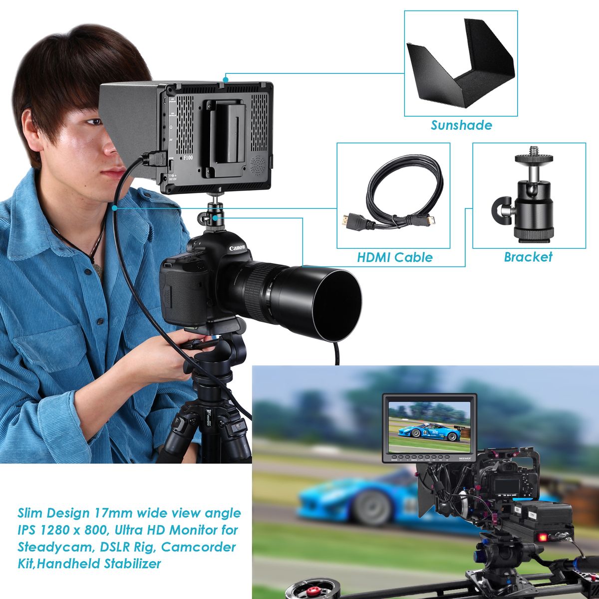 Film Movie Video Making System Kit With F100 7-inch 1280x800 IPS Screen Field Monitor (Support 4k Input) And Cool Ballhead Arm (Monitor)
