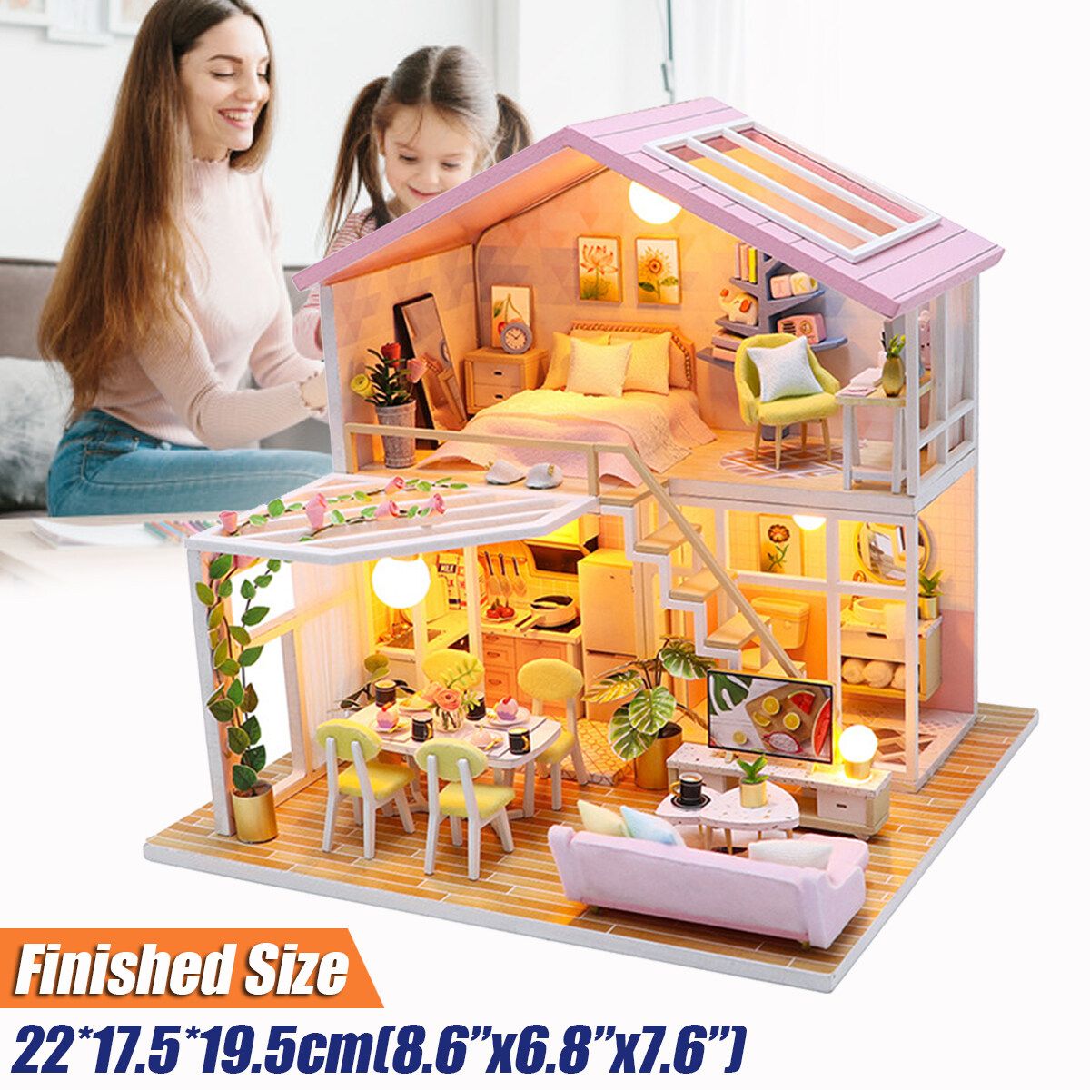 Dollhouse Miniature With Furniture, DIY Dollhouse Kit Plus Dust Proof And Music Movement, 1:24 Scale Creative Room Idea (Pink House)