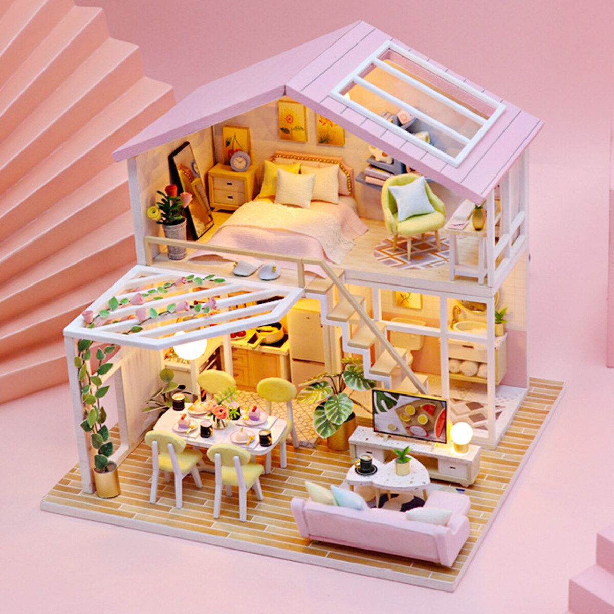 Dollhouse Miniature With Furniture, DIY Dollhouse Kit Plus Dust Proof And Music Movement, 1:24 Scale Creative Room Idea (Pink House)