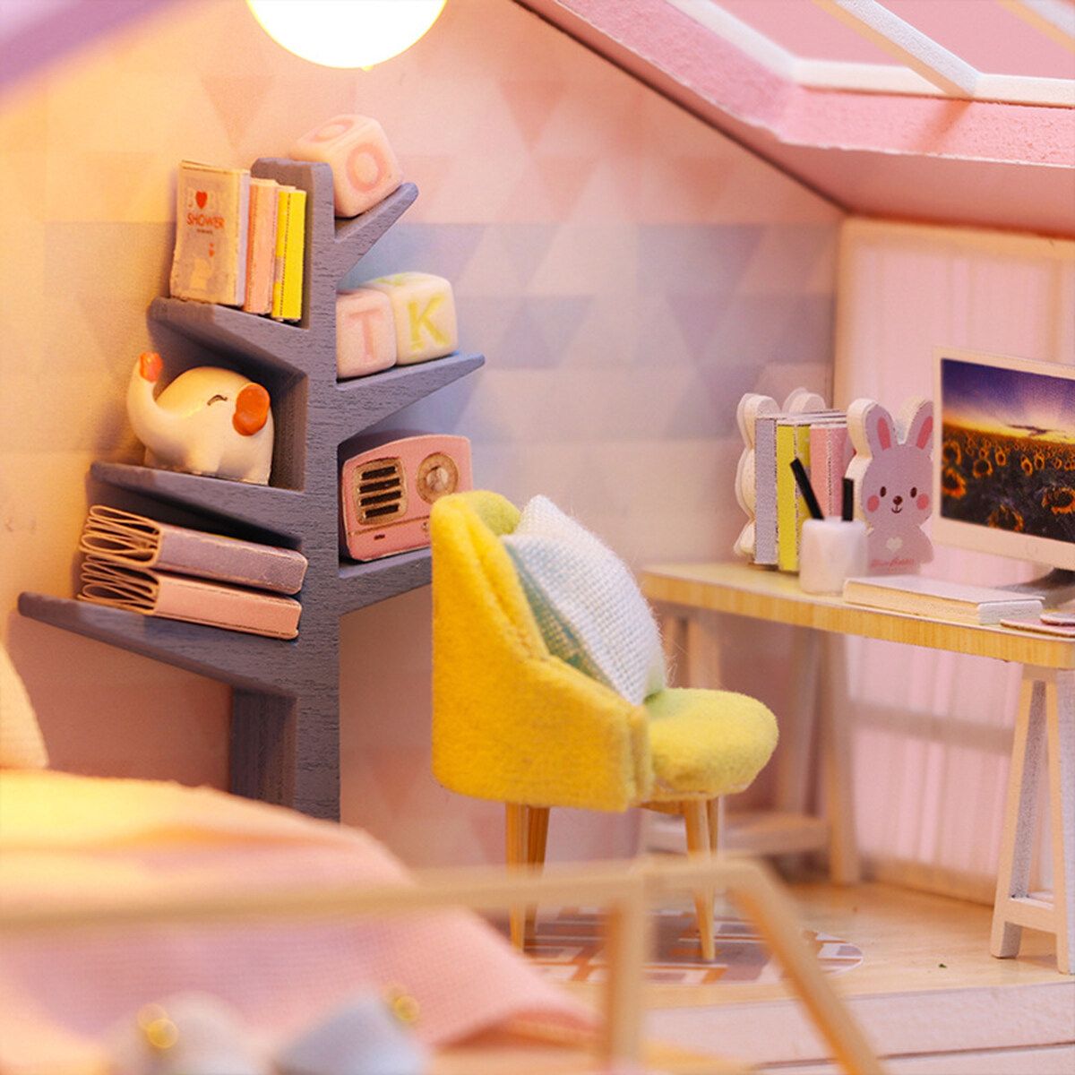 Dollhouse Miniature With Furniture, DIY Dollhouse Kit Plus Dust Proof And Music Movement, 1:24 Scale Creative Room Idea (Pink House)