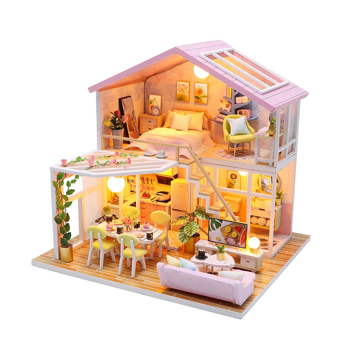 Dollhouse Miniature With Furniture, DIY Dollhouse Kit Plus Dust Proof And Music Movement, 1:24 Scale Creative Room Idea (Pink House)