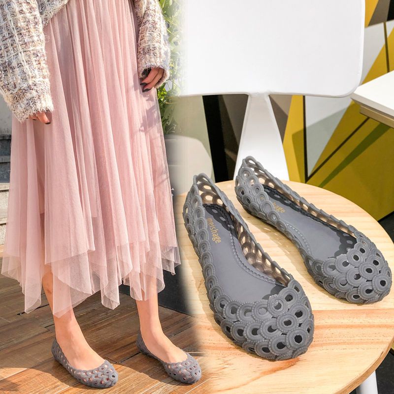 Rain Boots Women Shallow Low Top Flat Bottom Hollow Sandals Shoes Gray