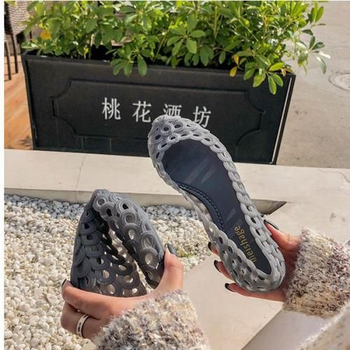 Rain Boots Women Shallow Low Top Flat Bottom Hollow Sandals Shoes Gray
