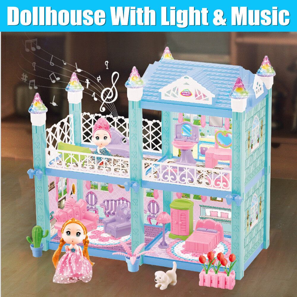 93Pcs DIY LED Light Music Princess House Miniature Dollhouse Furniture Kit Kids Toys Gift